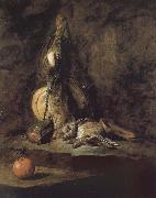 Jean Baptiste Simeon Chardin Rabbit hunting with two powder extinguishers and Orange France oil painting artist